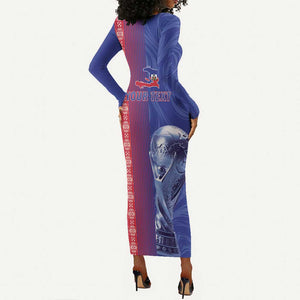 Custom Afro-Haiti Football Long Sleeve Bodycon Dress 2026 Grenadye Alaso Blue Version - African Pride