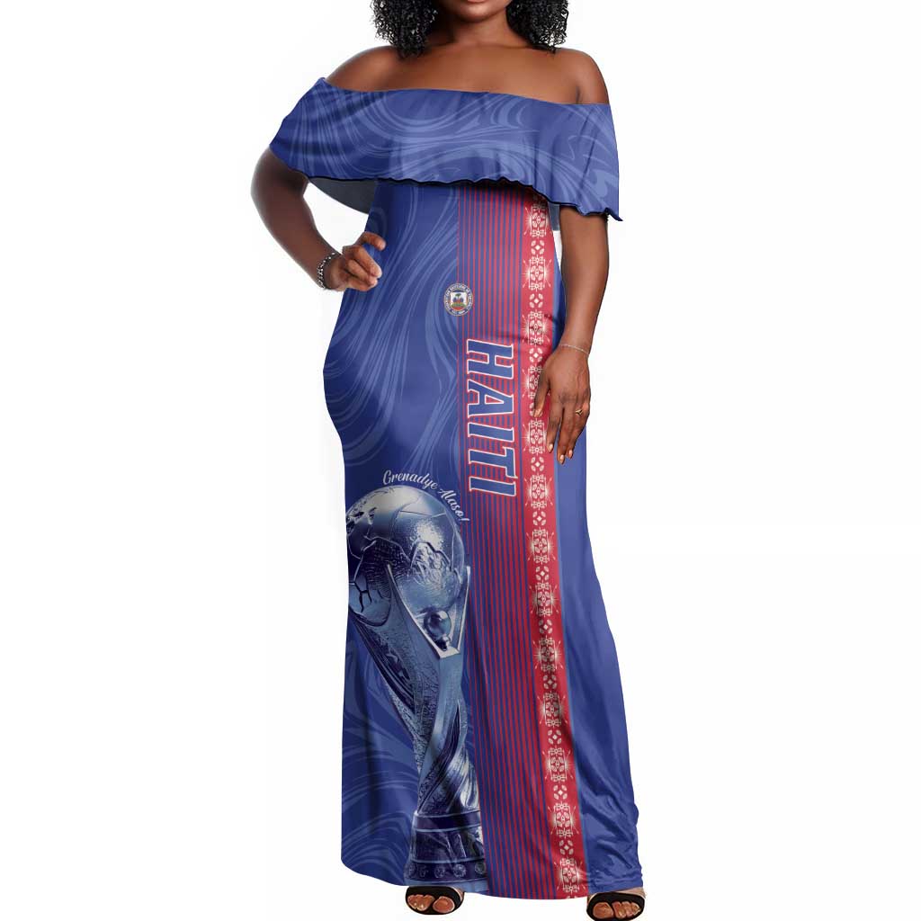 Custom Afro-Haiti Football Off Shoulder Maxi Dress 2026 Grenadye Alaso Blue Version - African Pride