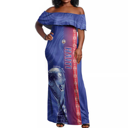 Custom Afro-Haiti Football Off Shoulder Maxi Dress 2026 Grenadye Alaso Blue Version - African Pride