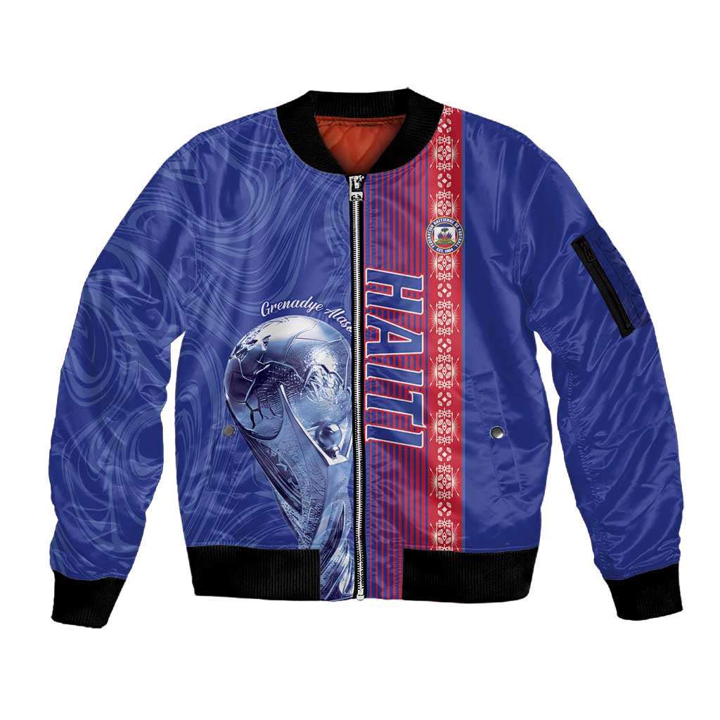 Custom Afro-Haiti Football Sleeve Zip Bomber Jacket 2026 Grenadye Alaso Blue Version - African Pride