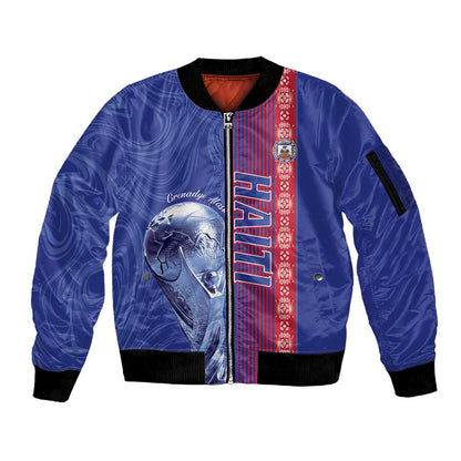 Custom Afro-Haiti Football Sleeve Zip Bomber Jacket 2026 Grenadye Alaso Blue Version - African Pride