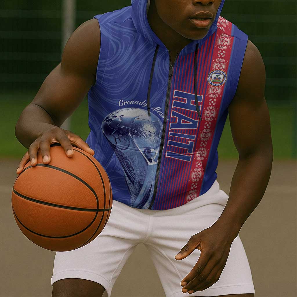 Custom Afro-Haiti Football Sleeveless Zip Hoodie 2026 Grenadye Alaso Blue Version - African Pride