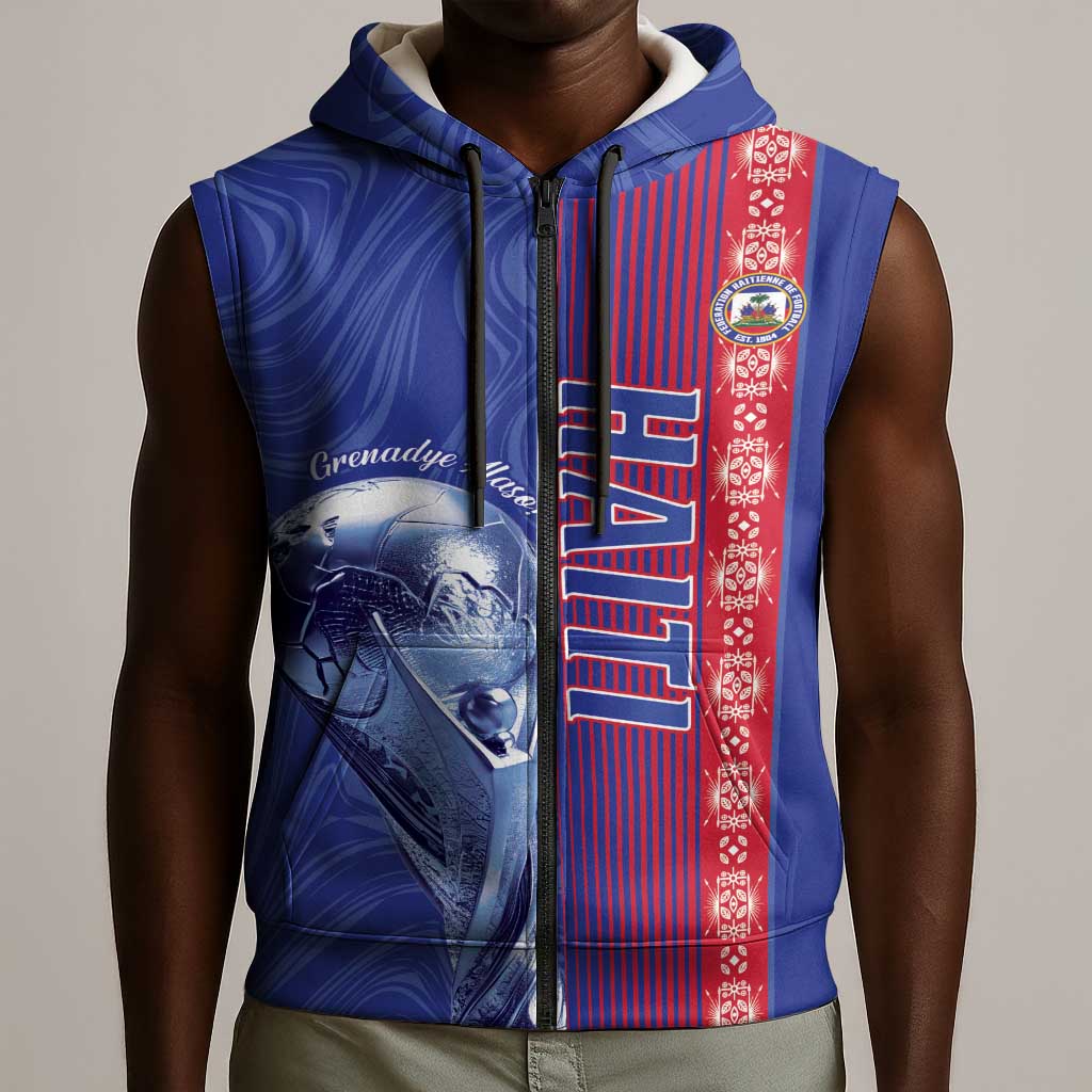 Custom Afro-Haiti Football Sleeveless Zip Hoodie 2026 Grenadye Alaso Blue Version - African Pride