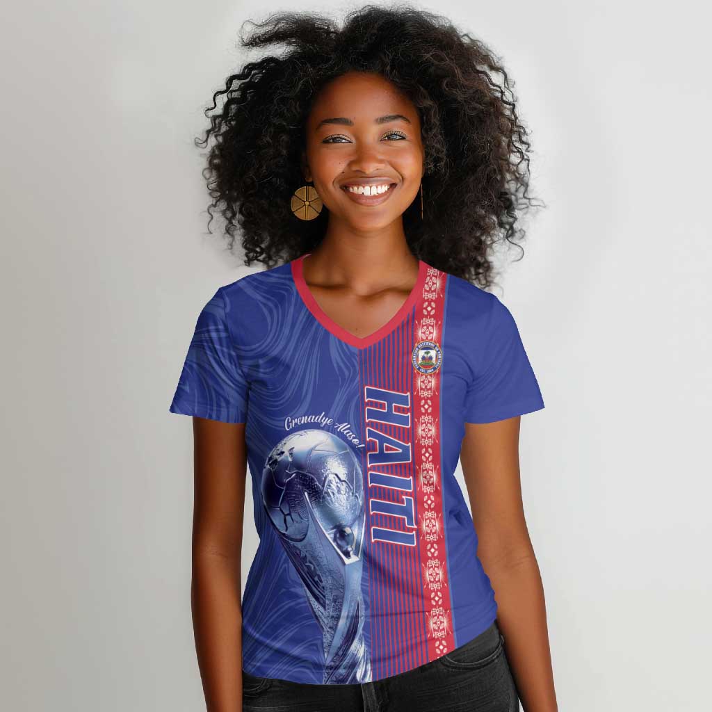 Custom Afro-Haiti Football Women V-Neck T-Shirt 2026 Grenadye Alaso Blue Version LT14