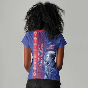 Custom Afro-Haiti Football Women V-Neck T-Shirt 2026 Grenadye Alaso Blue Version LT14