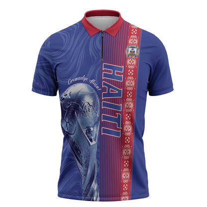 Custom Afro-Haiti Football Zipper Polo Shirt 2026 Grenadye Alaso Blue Version - African Pride