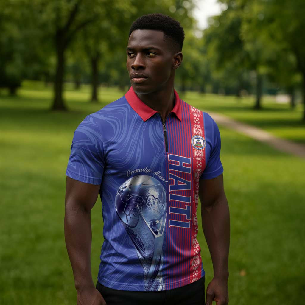 Custom Afro-Haiti Football Zipper Polo Shirt 2026 Grenadye Alaso Blue Version - African Pride