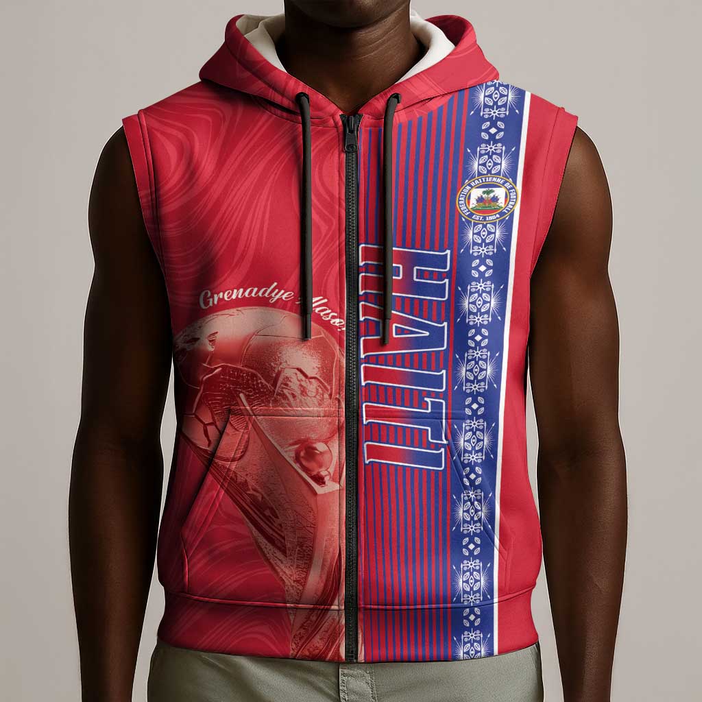 Custom Afro-Haiti Football Sleeveless Zip Hoodie 2026 Grenadye Alaso Red Version - African Pride