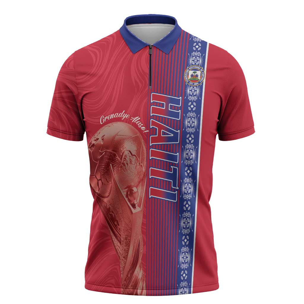 Custom Afro-Haiti Football Zipper Polo Shirt 2026 Grenadye Alaso Red Version - African Pride