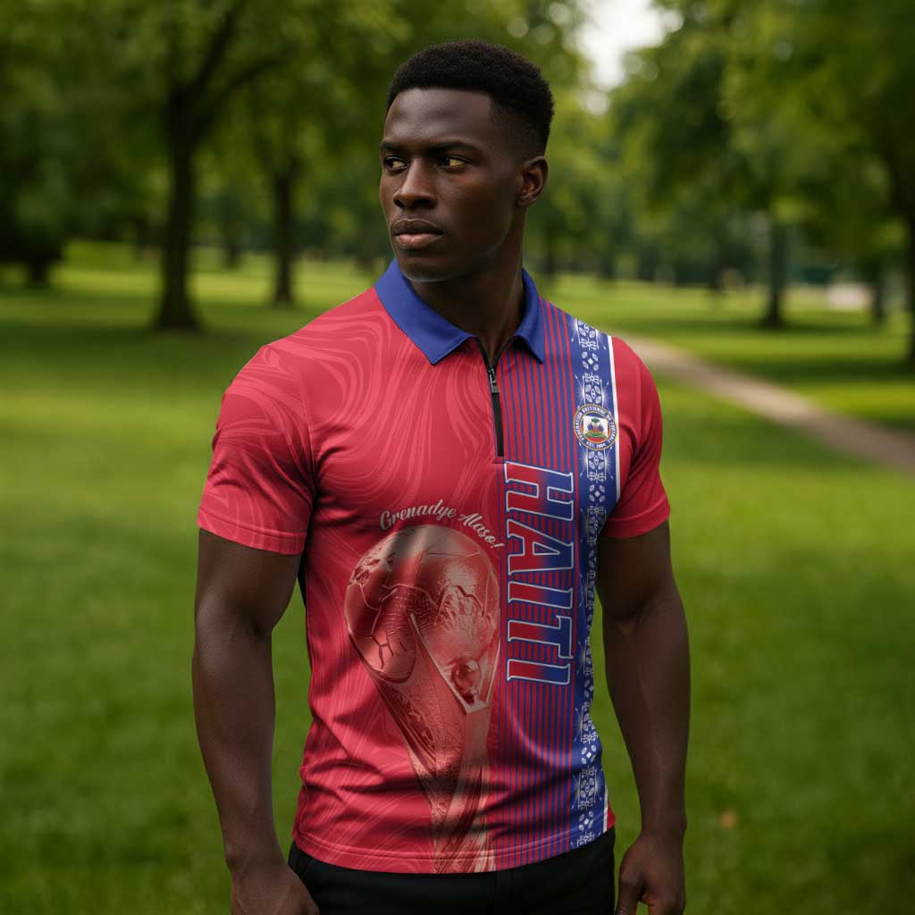 Custom Afro-Haiti Football Zipper Polo Shirt 2026 Grenadye Alaso Red Version - African Pride