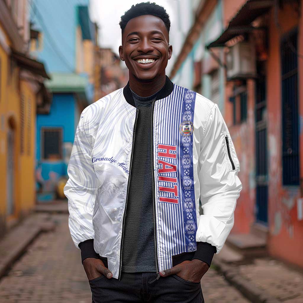 Custom Afro-Haiti Football Sleeve Zip Bomber Jacket 2026 Grenadye Alaso White Version - African Pride