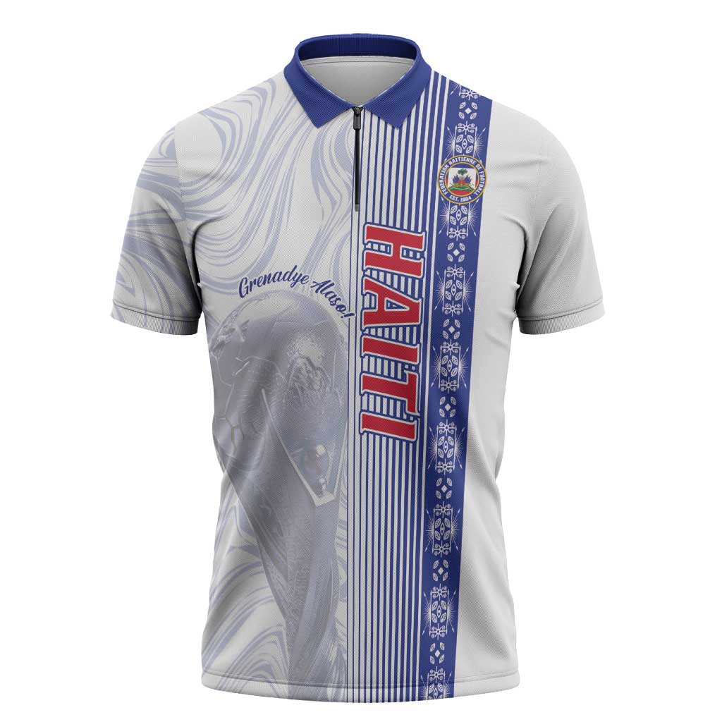 Custom Afro-Haiti Football Zipper Polo Shirt 2026 Grenadye Alaso White Version - African Pride