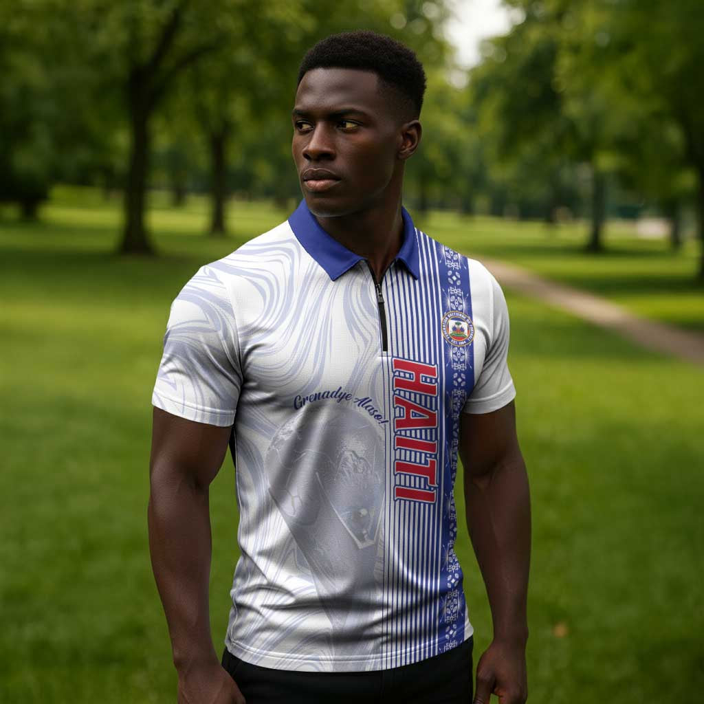 Custom Afro-Haiti Football Zipper Polo Shirt 2026 Grenadye Alaso White Version - African Pride