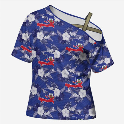Afro-Haitians Cross Shoulder Shirt Ayiti Map and Rose Kayenn Tropical Style - African Pride