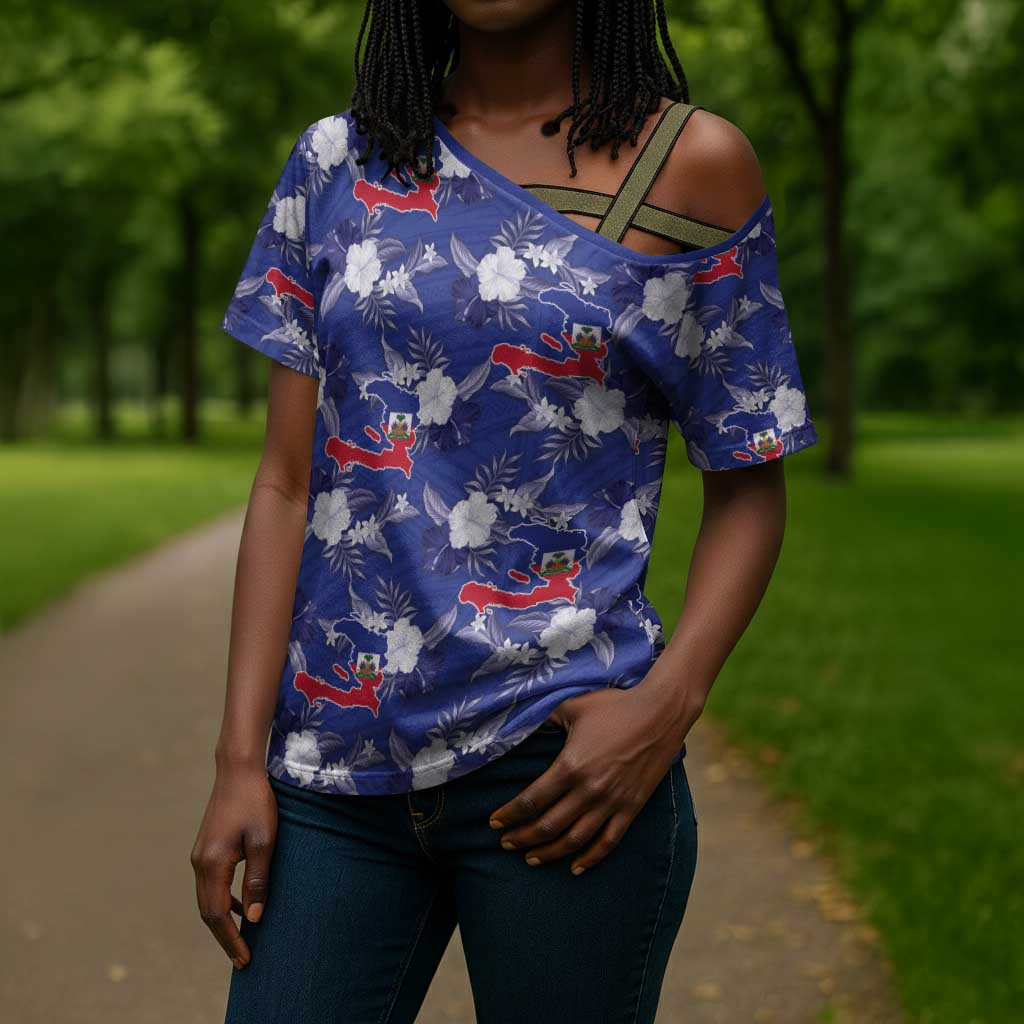 Afro-Haitians Cross Shoulder Shirt Ayiti Map and Rose Kayenn Tropical Style - African Pride