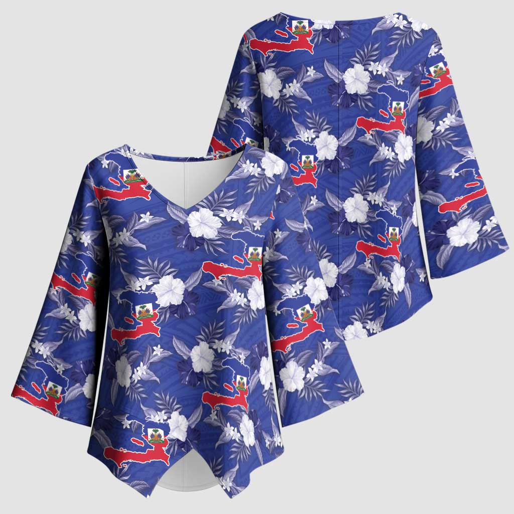 Afro-Haitians Kimono Sleeve Blouse Ayiti Map and Rose Kayenn Tropical Style - African Pride