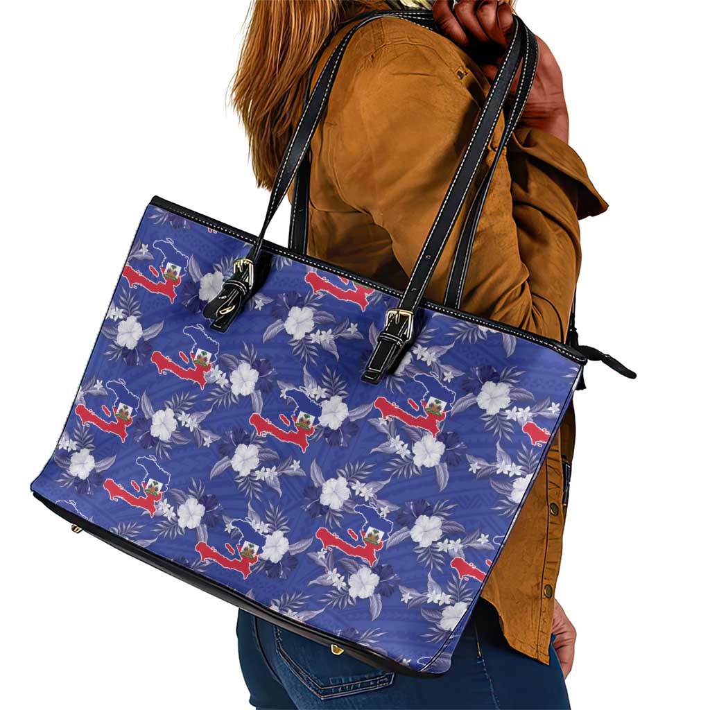 Afro-Haitians Leather Tote Bag Ayiti Map and Rose Kayenn Tropical Style - African Pride