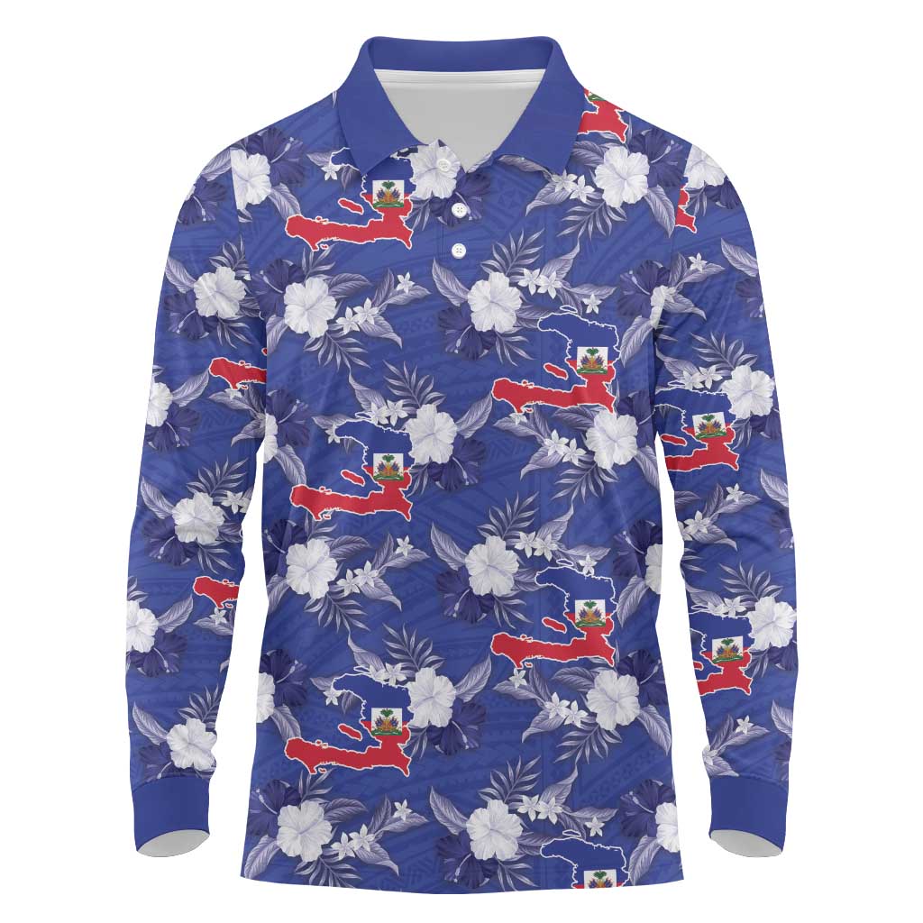 Afro-Haitians Long Sleeve Polo Shirt Ayiti Map and Rose Kayenn Tropical Style - African Pride