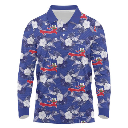Afro-Haitians Long Sleeve Polo Shirt Ayiti Map and Rose Kayenn Tropical Style - African Pride