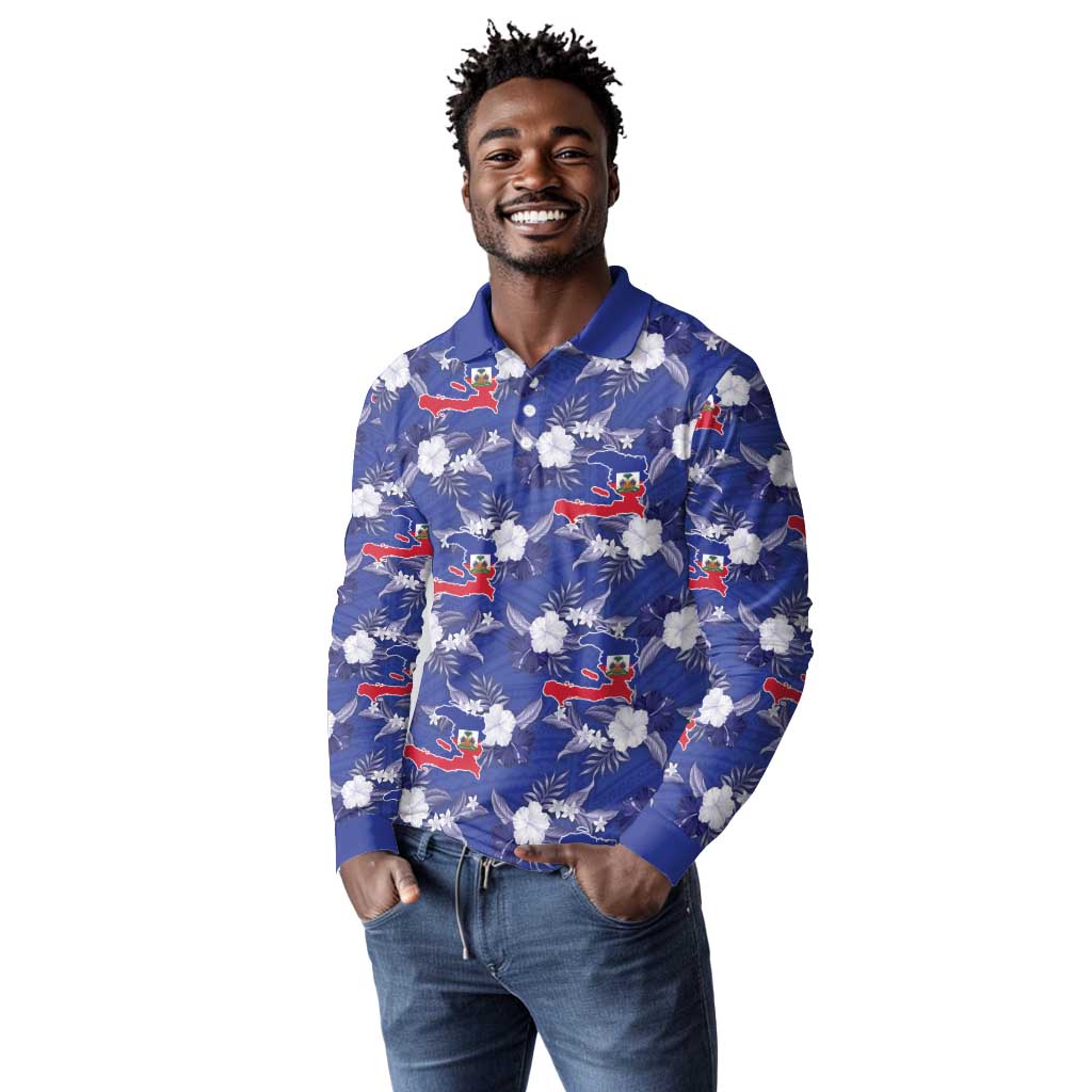 Afro-Haitians Long Sleeve Polo Shirt Ayiti Map and Rose Kayenn Tropical Style - African Pride