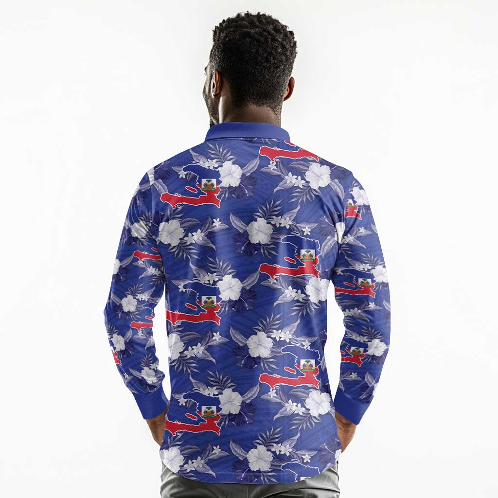 Afro-Haitians Long Sleeve Polo Shirt Ayiti Map and Rose Kayenn Tropical Style - African Pride