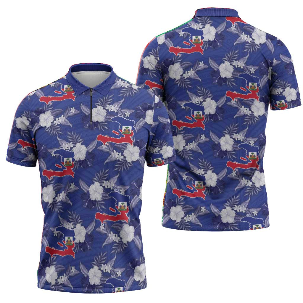 Afro-Haitians Zipper Polo Shirt Ayiti Map and Rose Kayenn Tropical Style - African Pride
