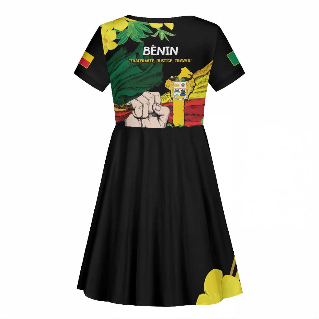 Benin National Day Kid Short Sleeve Dress Happy 64th Independence Anniversary Yellow Allamanda