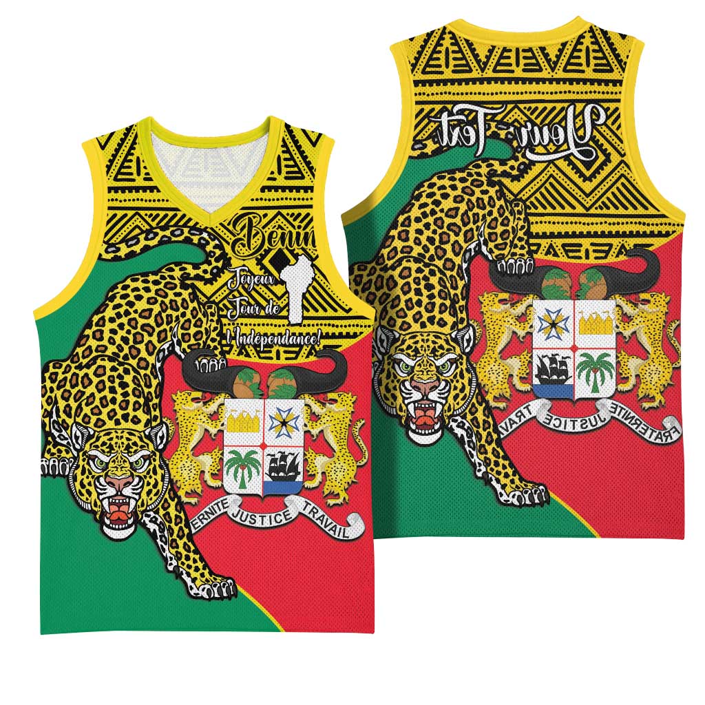 Personalised Benin National Day Basketball Jersey Coat Of Arms With Leopard African Pattern - African Pride