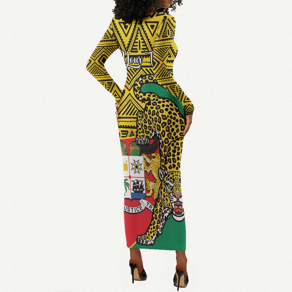 Personalised Benin National Day Long Sleeve Bodycon Dress Coat Of Arms With Leopard African Pattern LT14