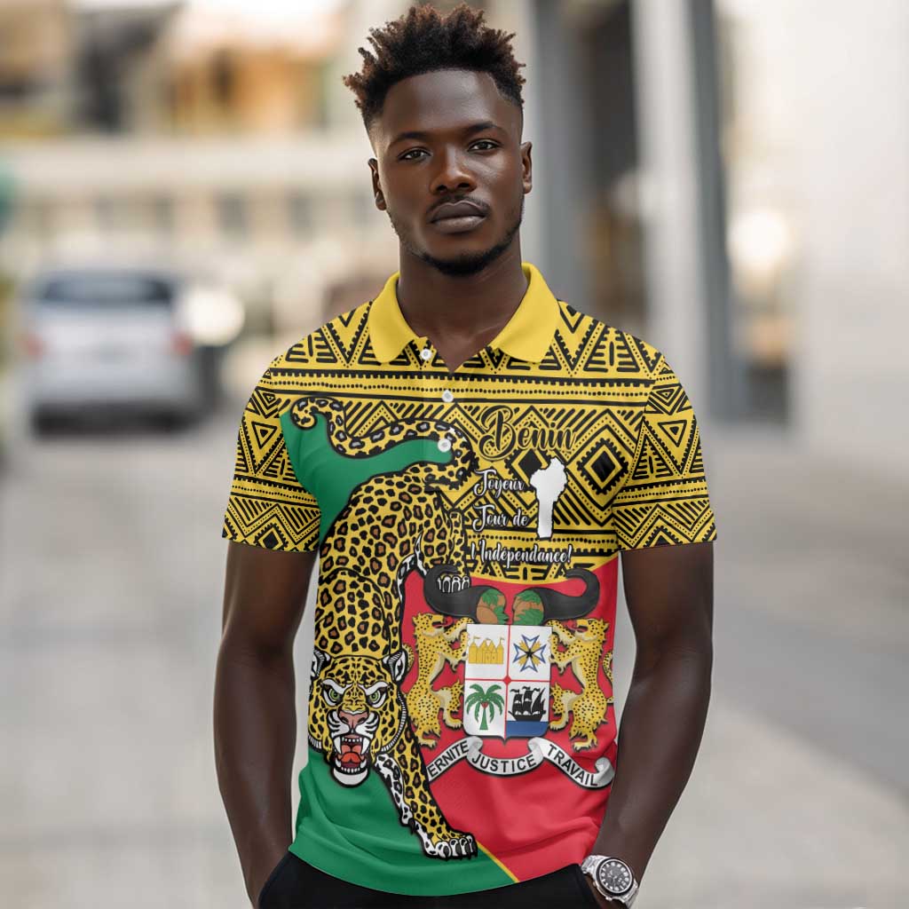 Personalised Benin National Day Polo Shirt Coat Of Arms With Leopard African Pattern