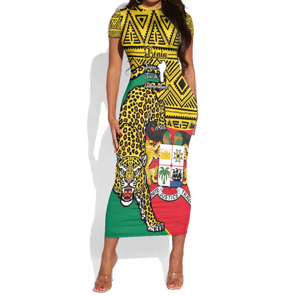 Personalised Benin National Day Short Sleeve Bodycon Dress Coat Of Arms With Leopard African Pattern LT14