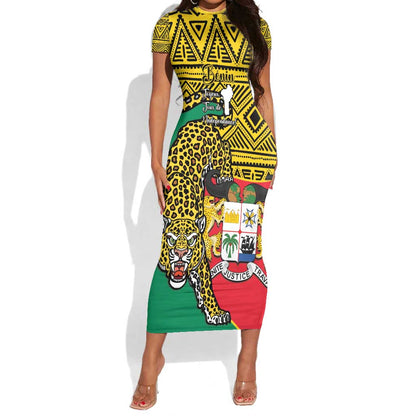 Personalised Benin National Day Short Sleeve Bodycon Dress Coat Of Arms With Leopard African Pattern LT14