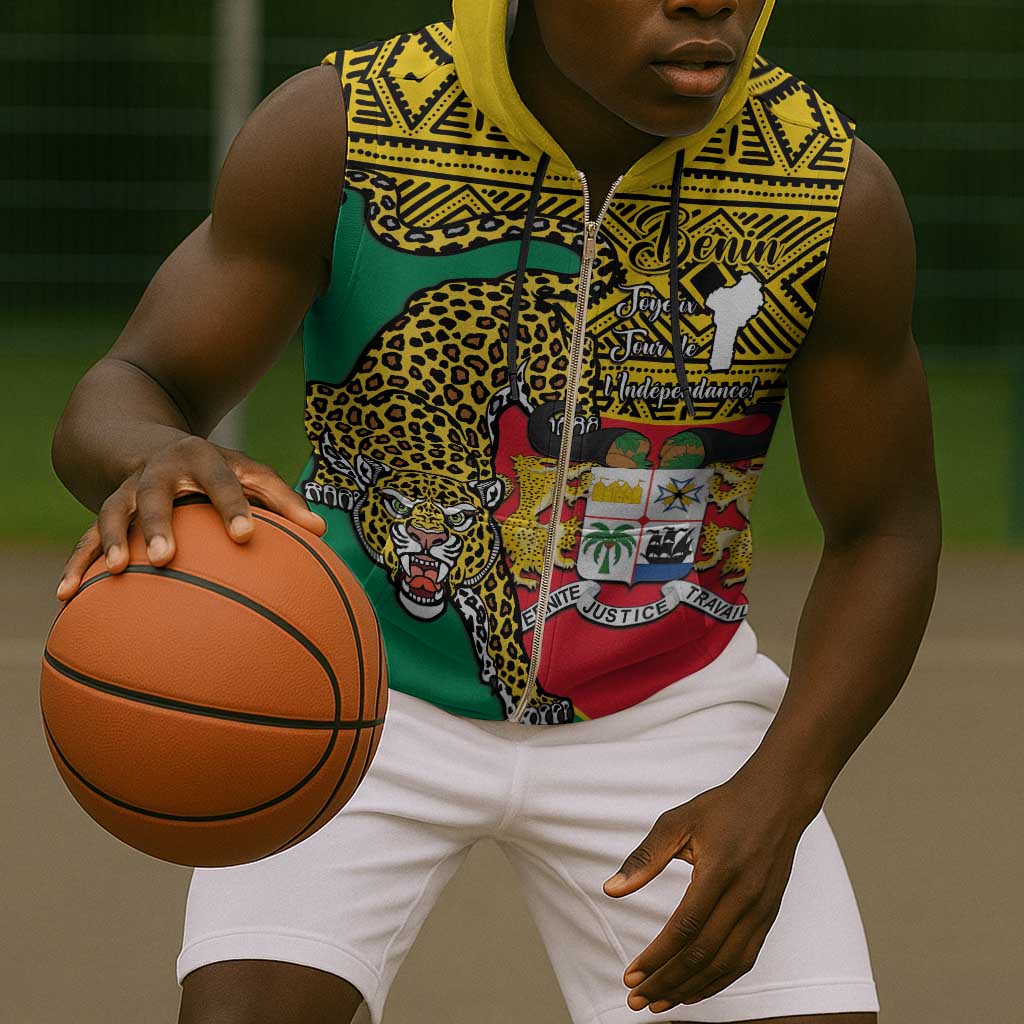 Personalised Benin National Day Sleeveless Zip Hoodie Coat Of Arms With Leopard African Pattern - African Pride