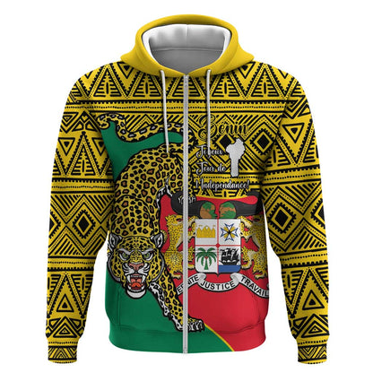 Personalised Benin National Day Zip Hoodie Coat Of Arms With Leopard African Pattern