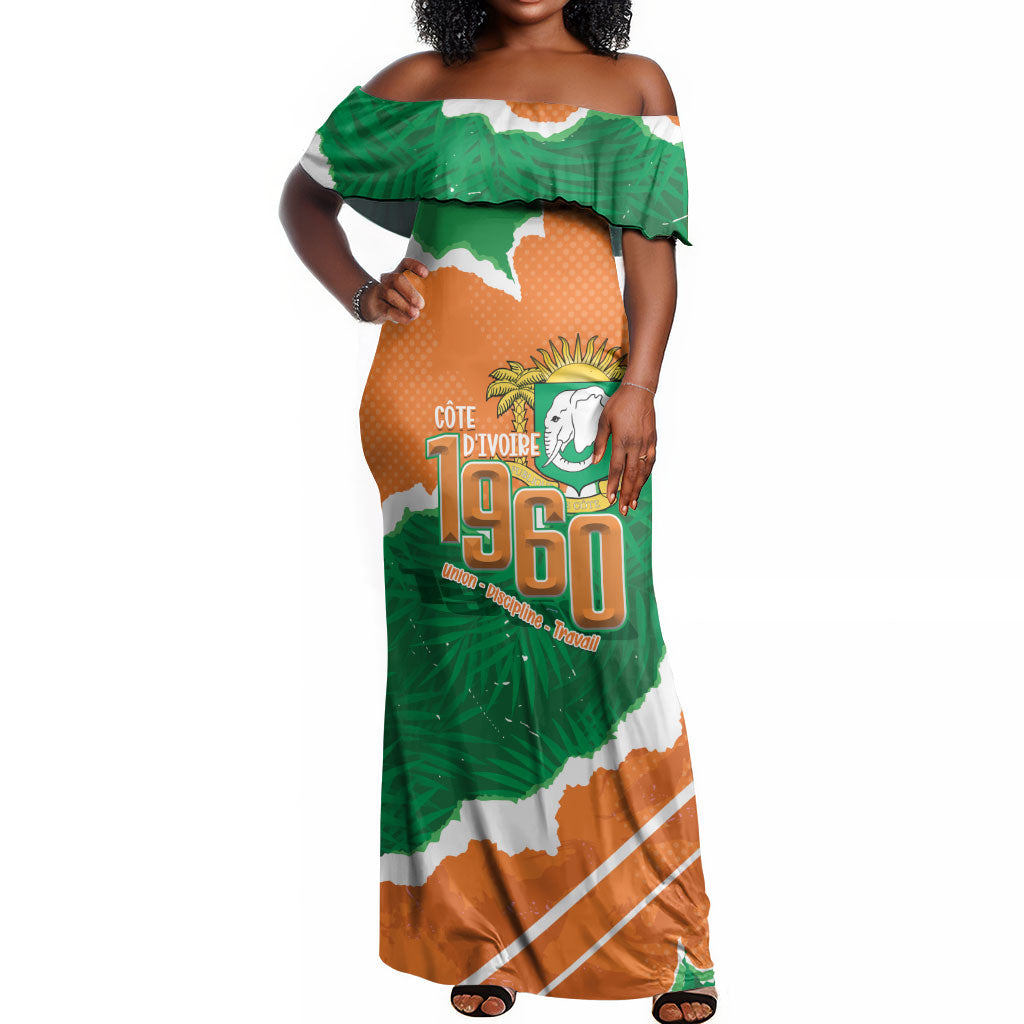 Cote d'Ivoire Independence Day Personalized Off Shoulder Maxi Dress 1960 Proud Coat Of Arms Grunge Style