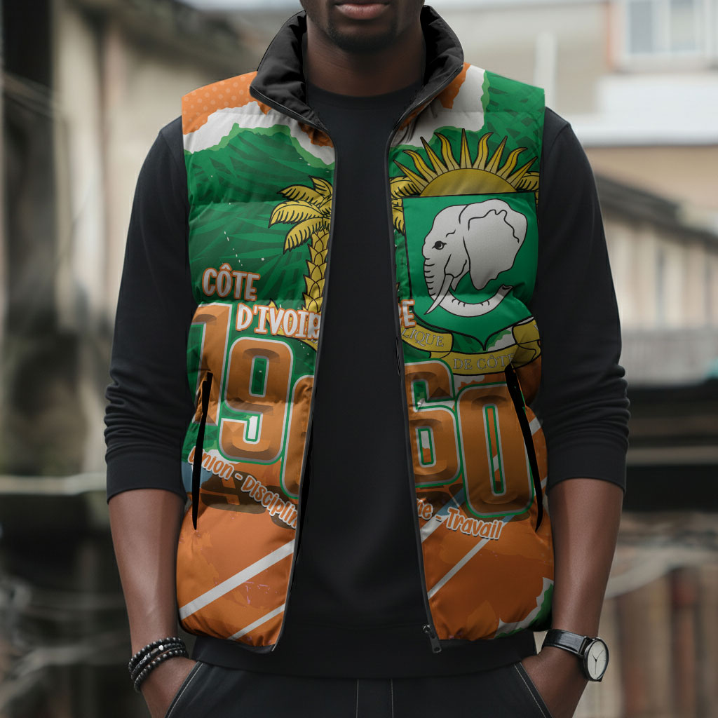 Cote d'Ivoire Independence Day Personalized Sleeveless Puffer Jacket 1960 Proud Coat Of Arms Grunge Style