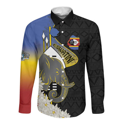 Afro Swaziland Somhlolo Day Long Sleeve Button Shirt Nguni Shield African Pattern - African Pride