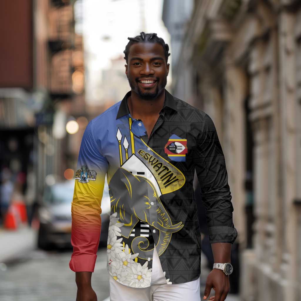 Afro Swaziland Somhlolo Day Long Sleeve Button Shirt Nguni Shield African Pattern - African Pride