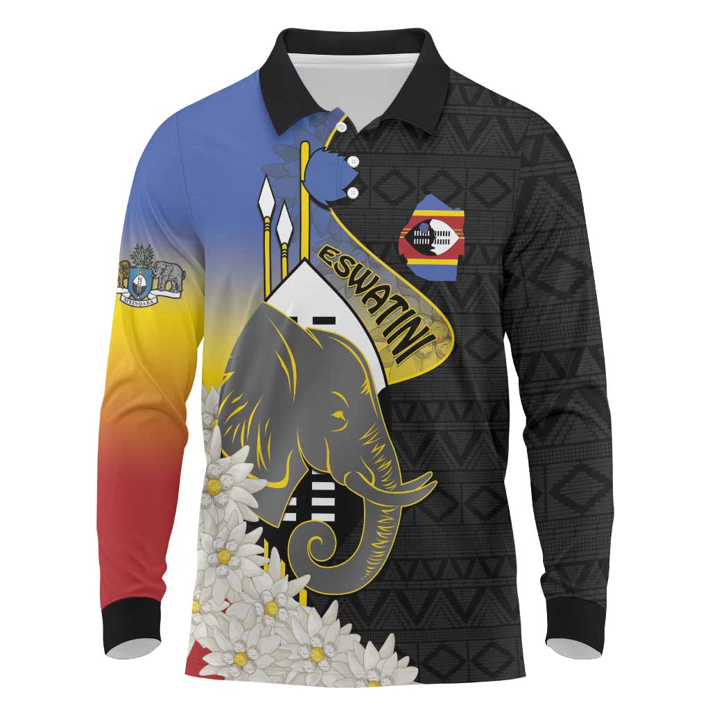 Afro Swaziland Somhlolo Day Long Sleeve Polo Shirt Nguni Shield African Pattern - African Pride