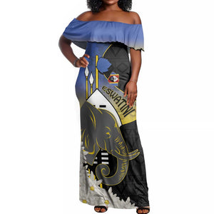 Afro Swaziland Somhlolo Day Off Shoulder Maxi Dress Nguni Shield African Pattern - African Pride