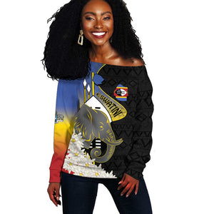 Afro Swaziland Somhlolo Day Off Shoulder Sweater Nguni Shield African Pattern - African Pride