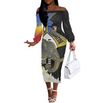 Afro Swaziland Somhlolo Day Off The Shoulder Long Sleeve Dress Nguni Shield African Pattern - African Pride