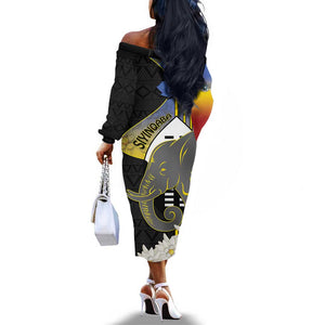 Afro Swaziland Somhlolo Day Off The Shoulder Long Sleeve Dress Nguni Shield African Pattern - African Pride