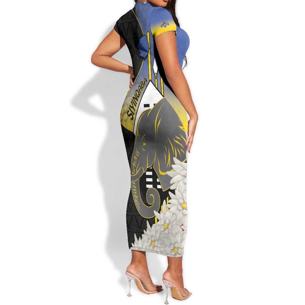 Afro Swaziland Somhlolo Day Short Sleeve Bodycon Dress Nguni Shield African Pattern - African Pride