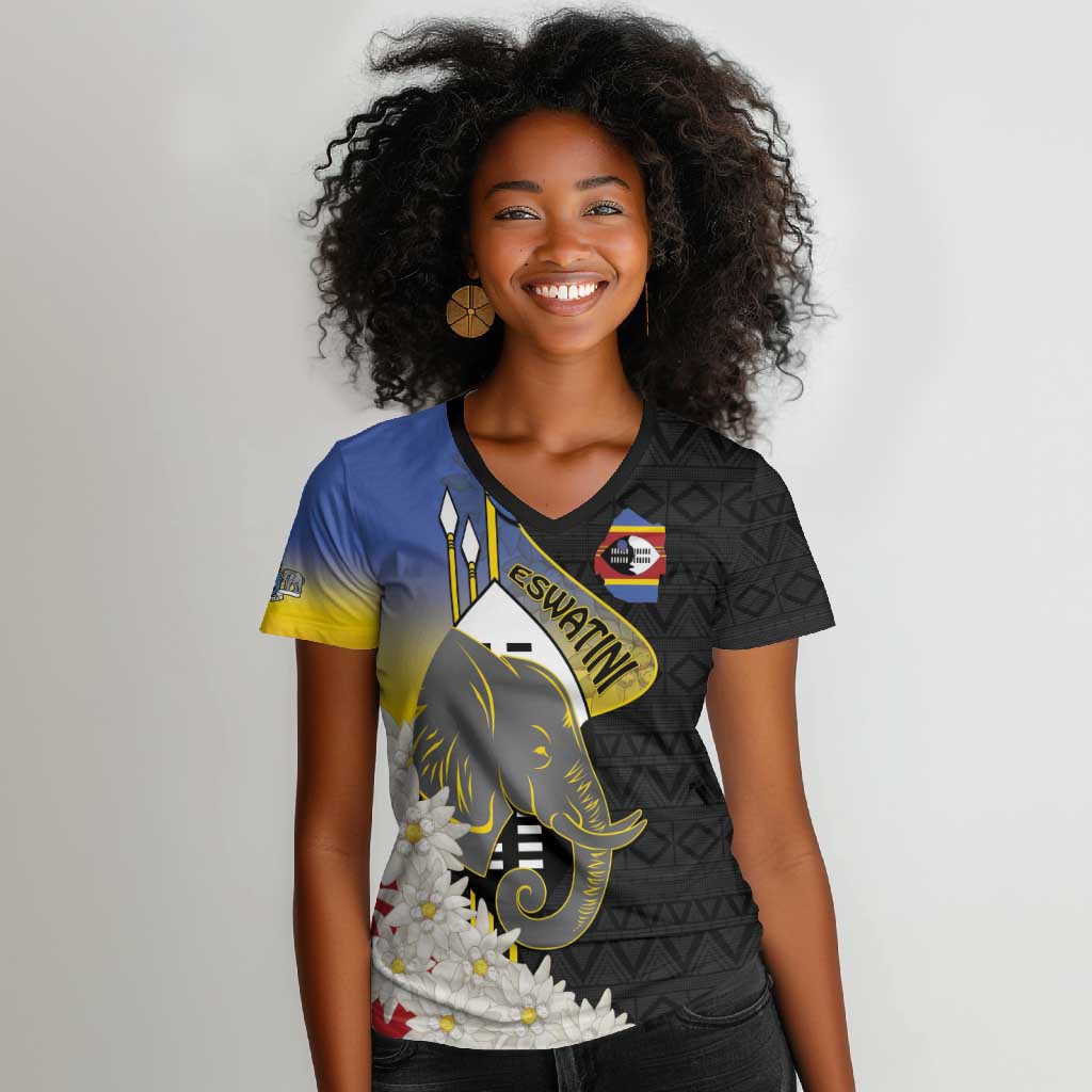 Afro Swaziland Somhlolo Day Women V-Neck T-Shirt Nguni Shield African Pattern - African Pride