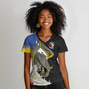 Afro Swaziland Somhlolo Day Women V-Neck T-Shirt Nguni Shield African Pattern - African Pride