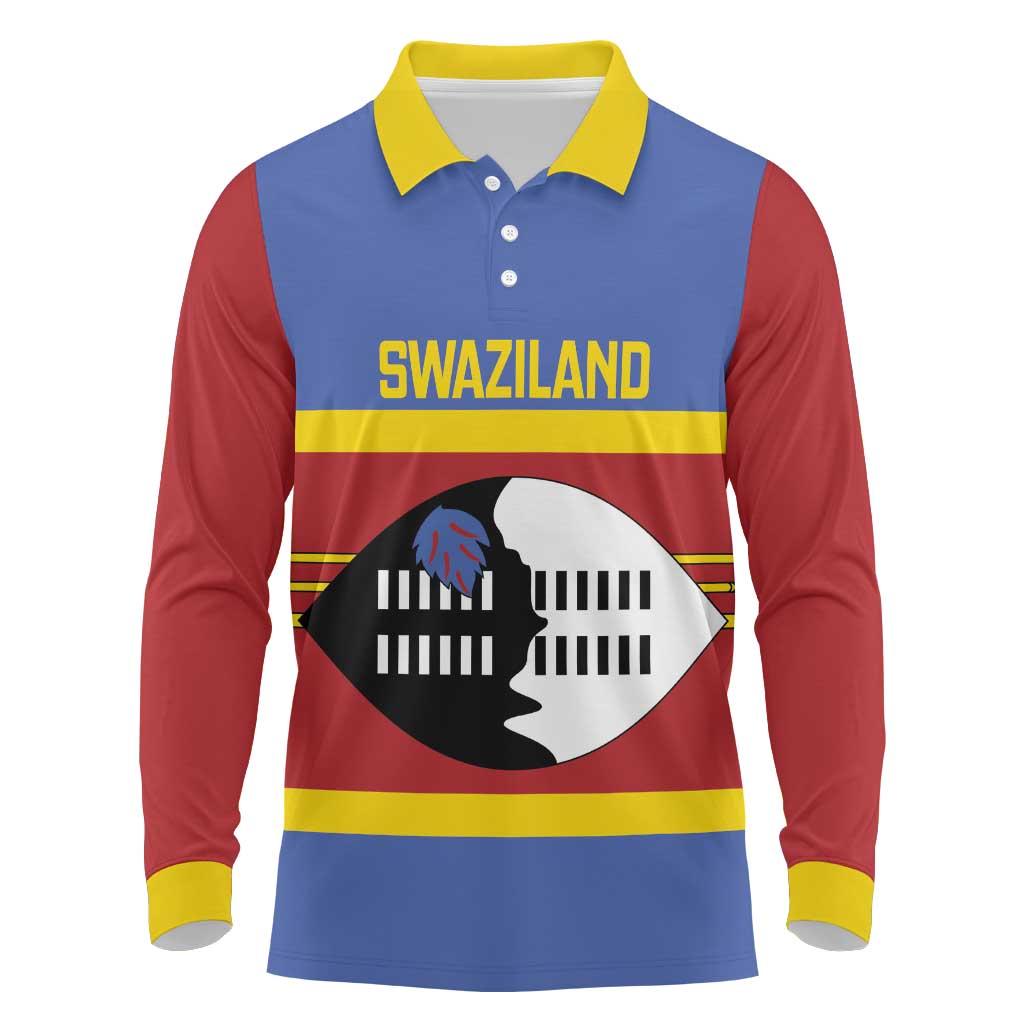 Afro Swaziland Long Sleeve Polo Shirt Siyinqaba Eswatini Flag Style - African Pride