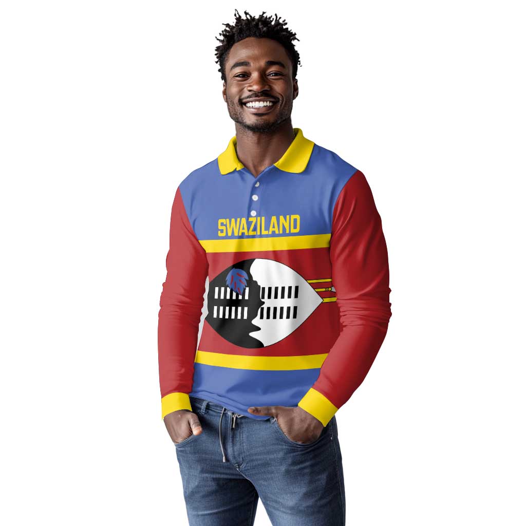 Afro Swaziland Long Sleeve Polo Shirt Siyinqaba Eswatini Flag Style - African Pride