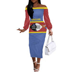 Afro Swaziland Off The Shoulder Long Sleeve Dress Siyinqaba Eswatini Flag Style - African Pride