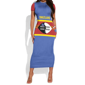 Afro Swaziland Short Sleeve Bodycon Dress Siyinqaba Eswatini Flag Style - African Pride